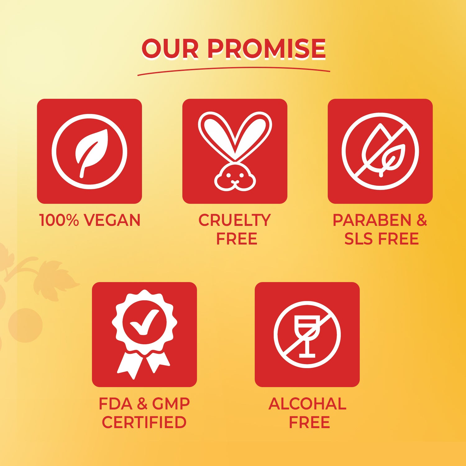 VINR Vitamin C Face Serum product promise badges: 100% Vegan, Cruelty Free, Paraben and SLS Free, FDA and GMP Certified, and Alcohol Free on yellow background