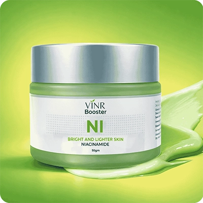 Green skincare jar with 'VINR Booster' on a green background