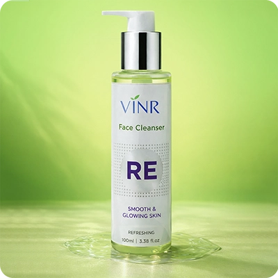 VINR RE Refreshing Face Cleanser bottle on green background—smooth and glowing skin daily gel cleanser