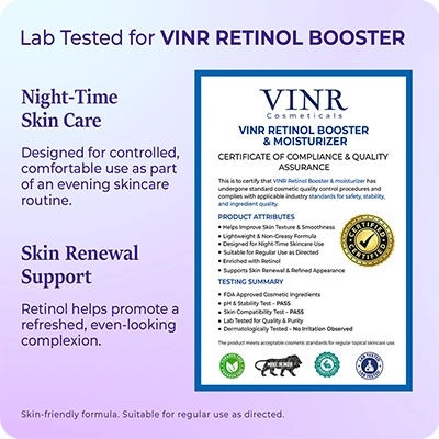 VINR Retinol Booster & Moisturizer packaging with certification details on a purple background