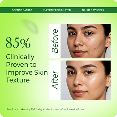 85% clinically proven improvement in skin texture – VINR RE Refreshing Face Cleanser before and after results