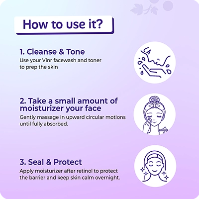 How to use VINR Retinol Booster: cleanse and tone, massage in circular motions, seal and protect skin barrier overnight