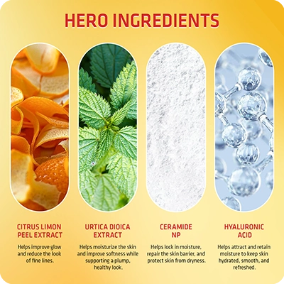 Hero ingredients in VINR Vitamin C Booster: Citrus Lemon Peel Extract, Urtica Dioica Extract, Ceramide NP, and Hyaluronic Acid