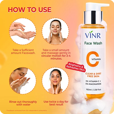 How to use VINR Vitamin C Face Wash: wet face, massage in circular motion, rinse thoroughly for bright skin