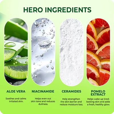 Hero ingredients in VINR RE Refreshing Face Cleanser – Aloe Vera, Niacinamide, Ceramides, and Pomelo Extract for smooth, glowing skin