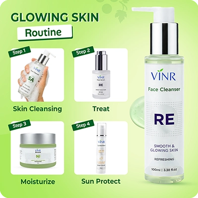 VINR RE Face Cleanser glowing skin routine – skin cleansing, treat with serum, moisturize, and skin protect with sunscreen