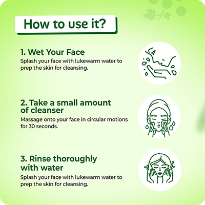 How to use VINR RE Face Cleanser – wet face with lukewarm water, massage in circular motions for 30 seconds, rinse thoroughly with water