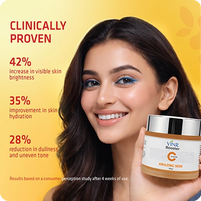 VINR Vitamin C Booster clinically proven results – 42% increase in visible skin brightness, 35% improvement in skin hydration, 28% reduction in dullness